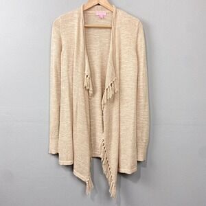 Lilly Pulitzer Lucita Fringe Cardigan Sweater Size S Tan Beige Knit Drapey Layer